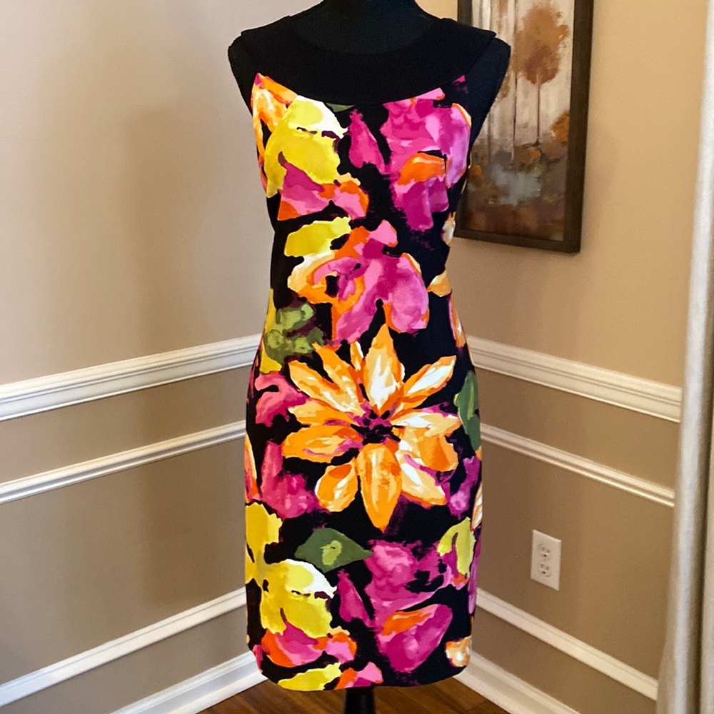 Floral Sheath Dress in Black with Pink & Yellow Accents